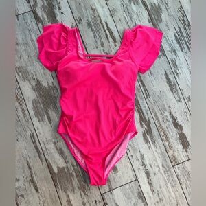 Hot Pink Ribbed Flutter Sleeve One-Piece Swimsuit - XL